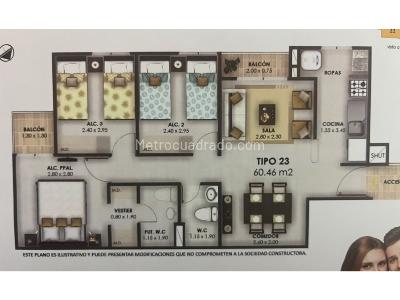 Apartamento de 3 alcobas en venta en El Trapiche, Bello, 60 m² · foto 7 de 7