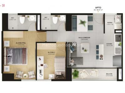 Apartamento de 2 alcobas en venta en Ciudad Fabricato, Bello, 56 m² · foto 3 de 16
