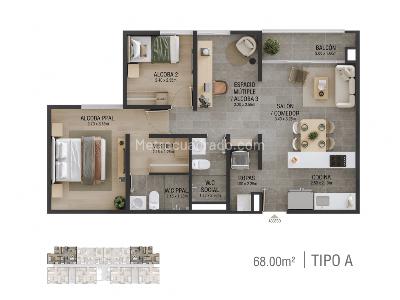 Apartamento de 3 alcobas en venta en Loma De San Jose, Sabaneta, 68 m² · foto 3 de 13