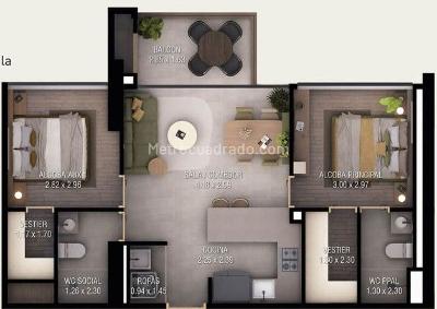 Apartamento de 2 alcobas en venta en Los Alcazares, Sabaneta, 61 m² · foto 9 de 10