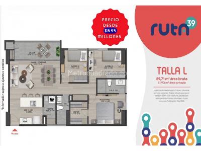 Apartamento de 2 alcobas en venta en Llanogrande, Rionegro, 74 m² · foto 5 de 9