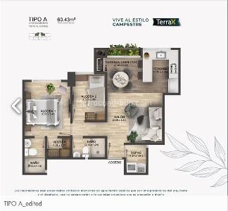 Apartamento de 2 alcobas en venta en Gualanday, Rionegro, 60 m² · foto 3 de 7