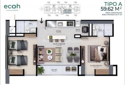 Apartamento de 2 alcobas en venta en Sabaneta, Sabaneta, 60 m² · foto 5 de 5